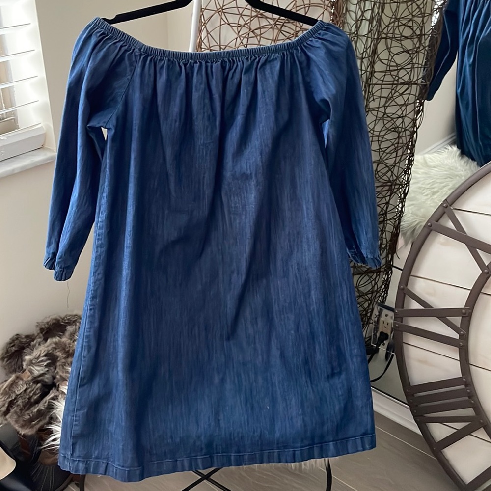 Denim off the shoulder long sleeved mini dress